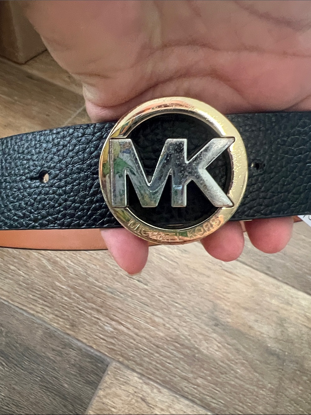 Michael Kors Black Belt with Gold MK Circle Buckle
